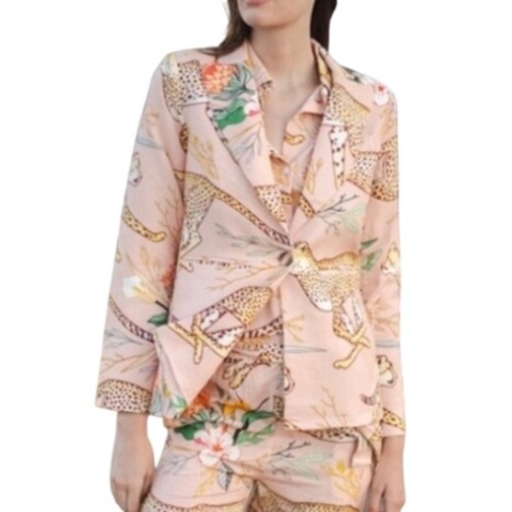 Las Surenas Pink Tropical Cheetah Print Blazer Jacket‎ XL Womens Floral Animal